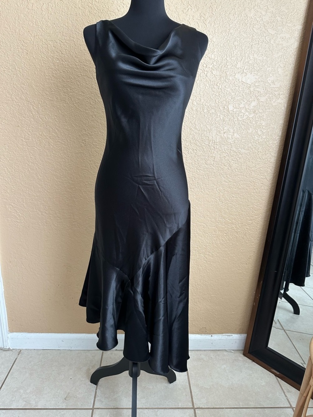 Black Satin Cocktail Dress Size 2 S.L. Fashions Cowl Neck Elegant Evening🖤